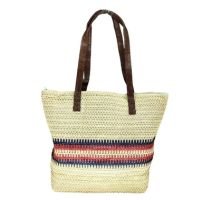 Bolsa feminina de palha praia grande com forro e zíper luxo - Vermelho+Bege