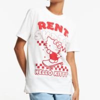 Camiseta Alongada em Meia Malha com Estampa Hello kitty Skate Branco