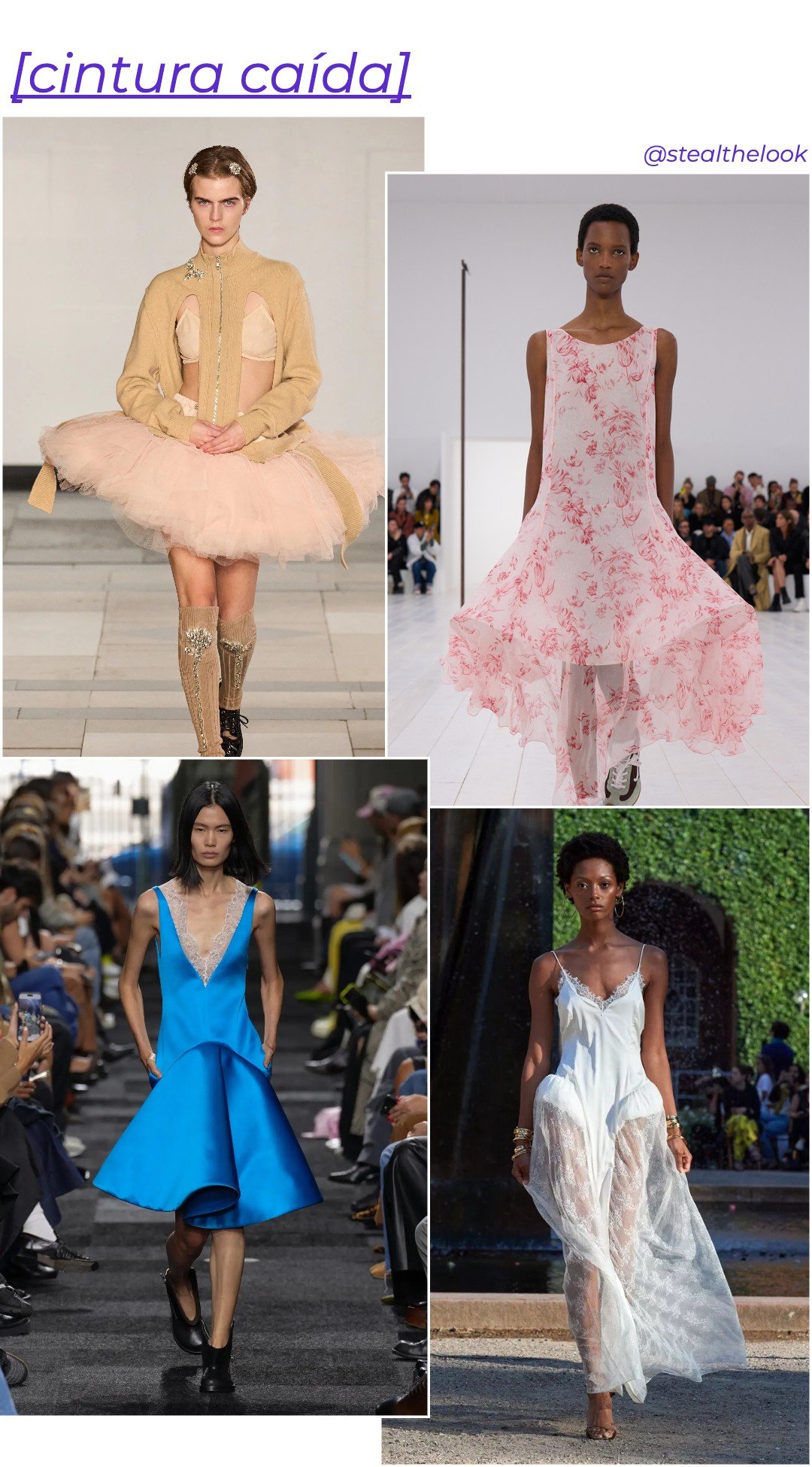 Desfile de moda com foco em cintura caída. Vestidos femininos com variações de tecido, como tule e renda, em tons pastel e vibrantes. Looks combinam elementos delicados e modernos, marcando tendências audaciosas e elegantes.