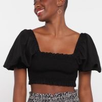 Blusa Farm Cropped Lastex Manga Bufante Feminina - Preto