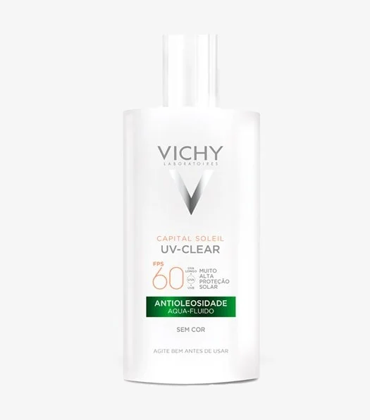 Protetor solar Vichy UV-Clear FPS 60 com fórmula antioleosidade, sem cor. lançamentos de outubro