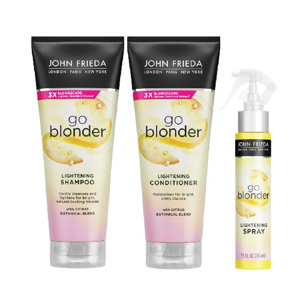 Produtos para clareamento capilar John Frieda: xampu, condicionador e spray. Coleção Go Blonder. Lançamentos de Outubro