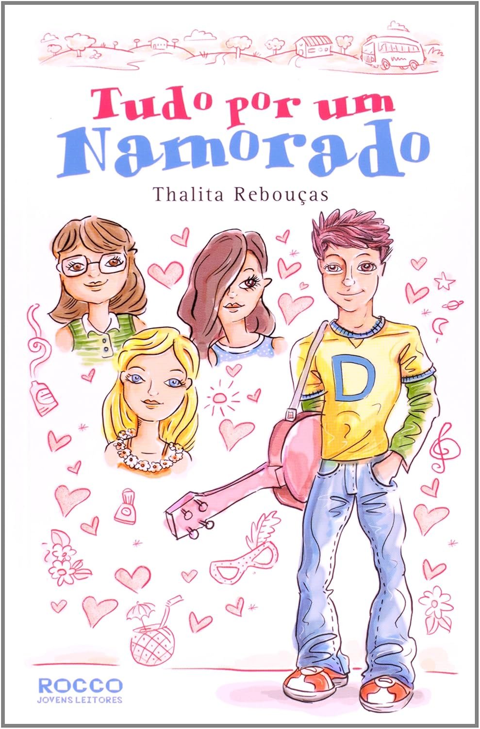 Capa de livro com ilustração de jovens: garoto com camiseta amarela e guitarra, calça jeans e tênis. Garotas com roupas coloridas e estilos variados. Moda jovem casual, divertida e descolada, destacando tendências adolescentes. Livros dos anos 2000.