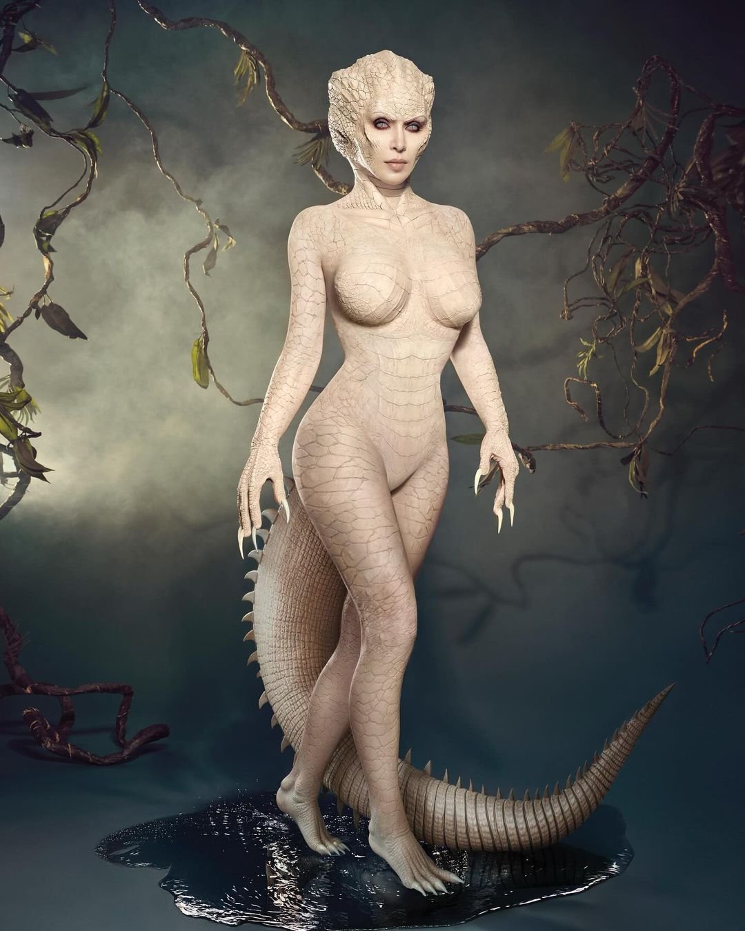 Figura de pessoa vestida como criatura reptiliana, em um cenário sombrio, ideal para Halloween 2024.