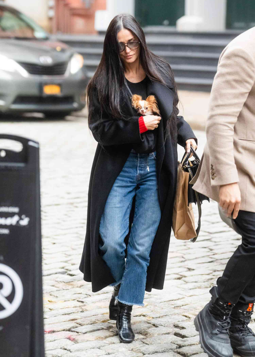 Mulher de cabelos compridos, usando casaco preto, segura um pequeno cachorro no colo.