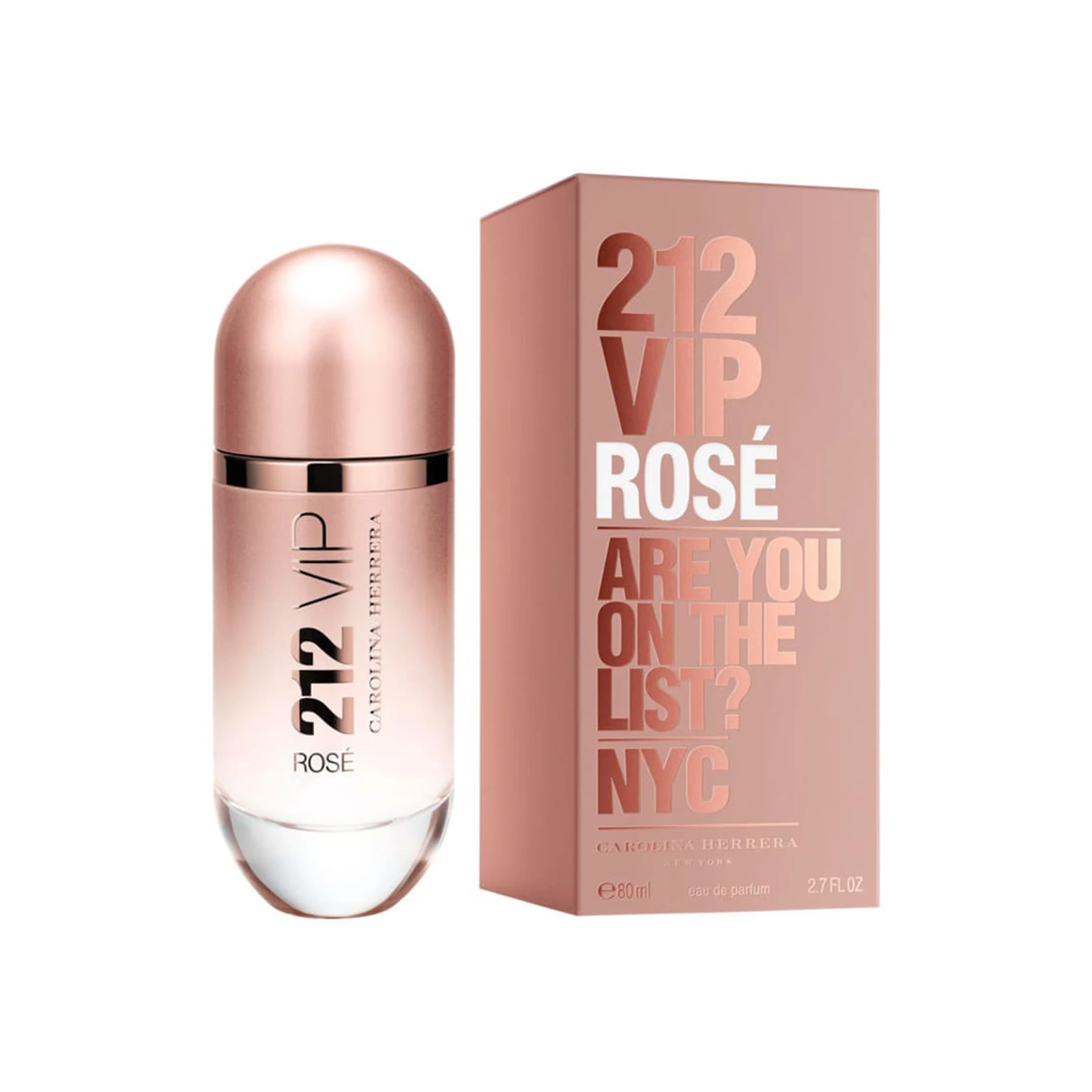 Frasco de perfume rosa metálico 212 VIP Rosé ao lado de caixa combinando. Perfumes amadeirados.