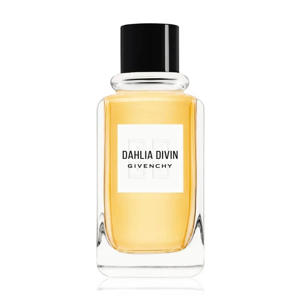 Frasco de perfume Dahlia Divin da Givenchy, com notas possivelmente relacionadas a perfumes amadeirados.