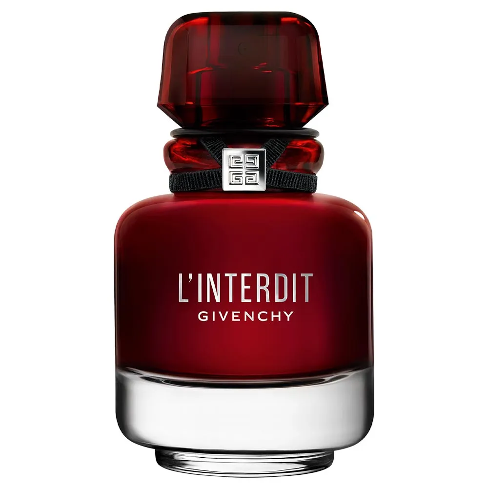 Frasco vermelho de perfume L'Interdit Givenchy. Luxo e elegância, inspirado em perfumes amadeirados.