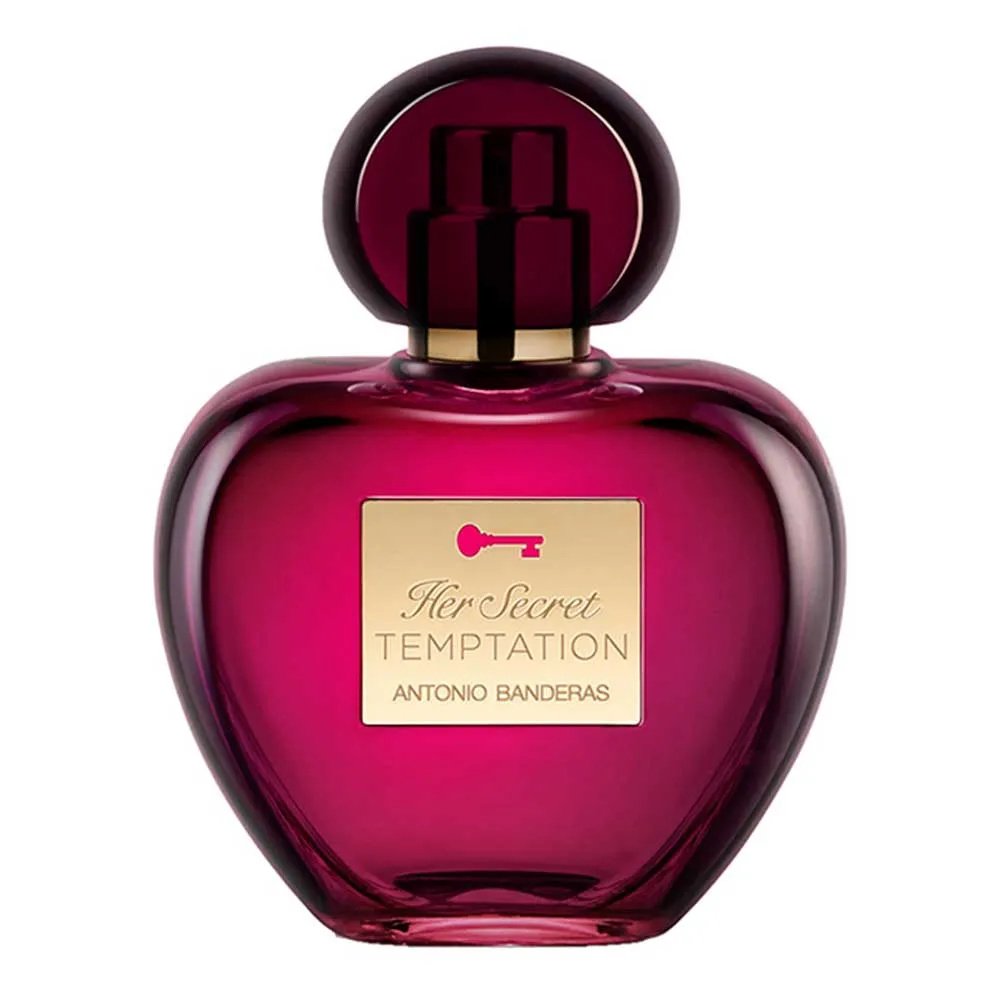 Frasco roxo do perfume Her Secret Temptation com tampa redonda, sugere uma fragrância sedutora e marcante. perfumes amadeirados