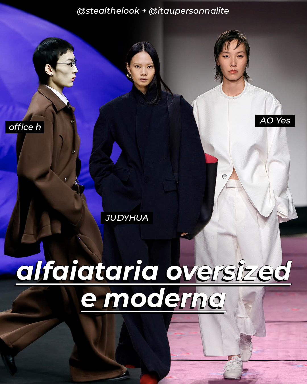 Modelos desfilam em passarela usando alfaiataria oversized; looks de cores neutras, como marrom, preto e branco.