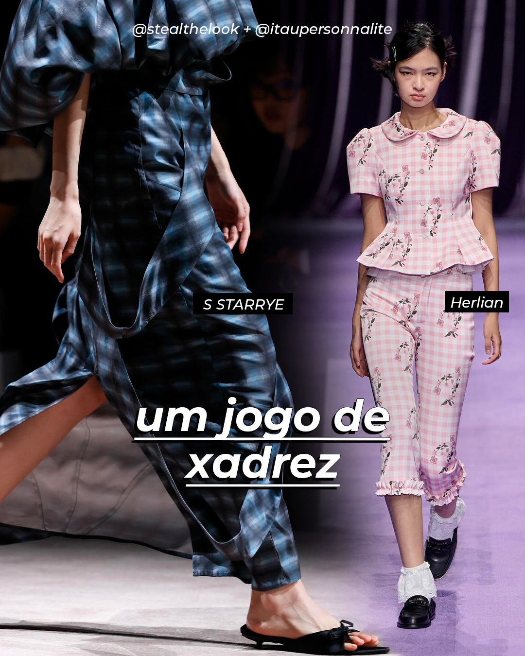 Desfile de moda com modelos usando roupas xadrez em tons de azul e rosa. Um modelo carrega uma bolsa grande bege. Texto sobreposto: 