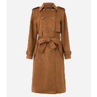 Casaco Trench Coat em Suede com Amarração e Detalhes nos Ombros Marrom