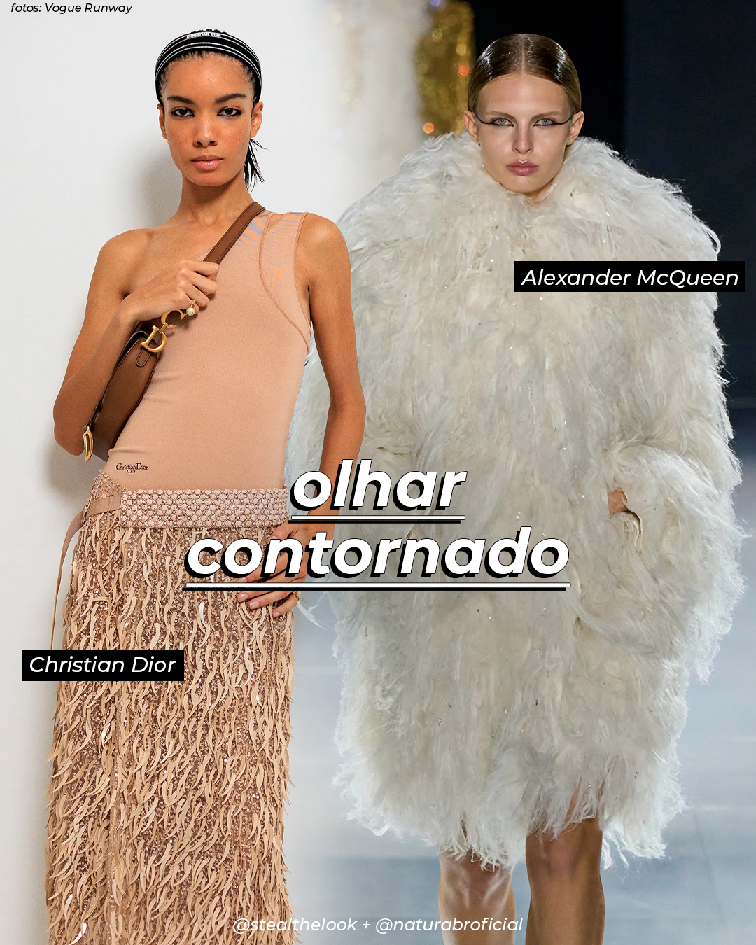 Modelos vestidas com criações de Christian Dior e Alexander McQueen. Dior apresenta um look com regata nude básica e saia com detalhes de franjas. McQueen aposta em um casaco volumoso de plumas brancas.