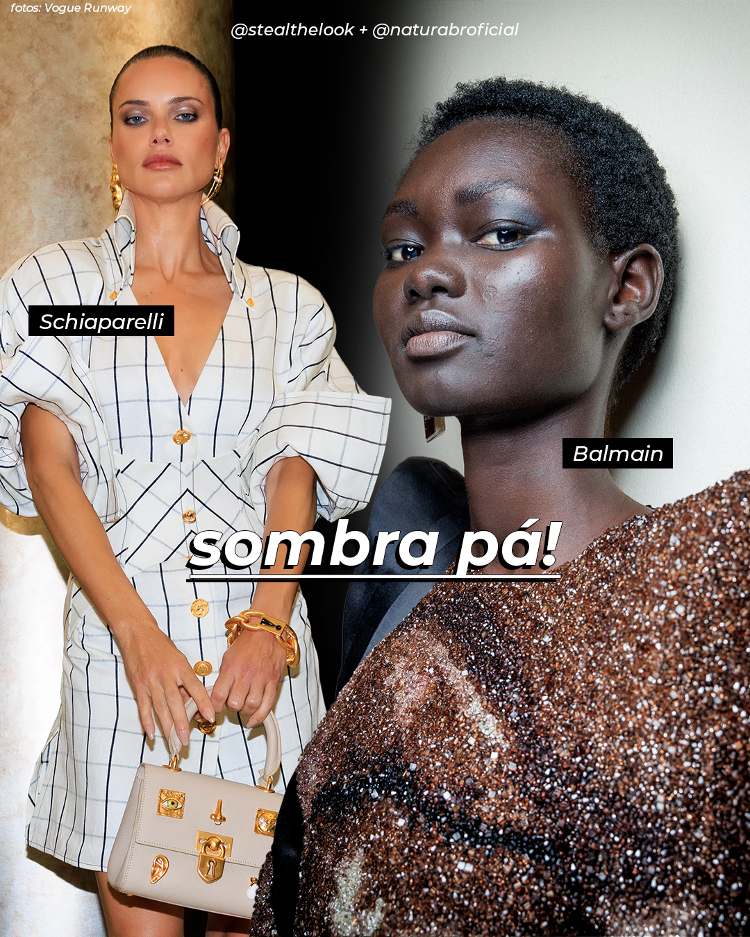 Mulheres com looks sofisticados em evento de moda. Uma veste xadrez Schiaparelli, com acessórios dourados e bolsa elegante. Outra usa top Balmain com brilhos e maquiagem marcante. Tendências apontam para alta-costura e detalhes luxuosos.