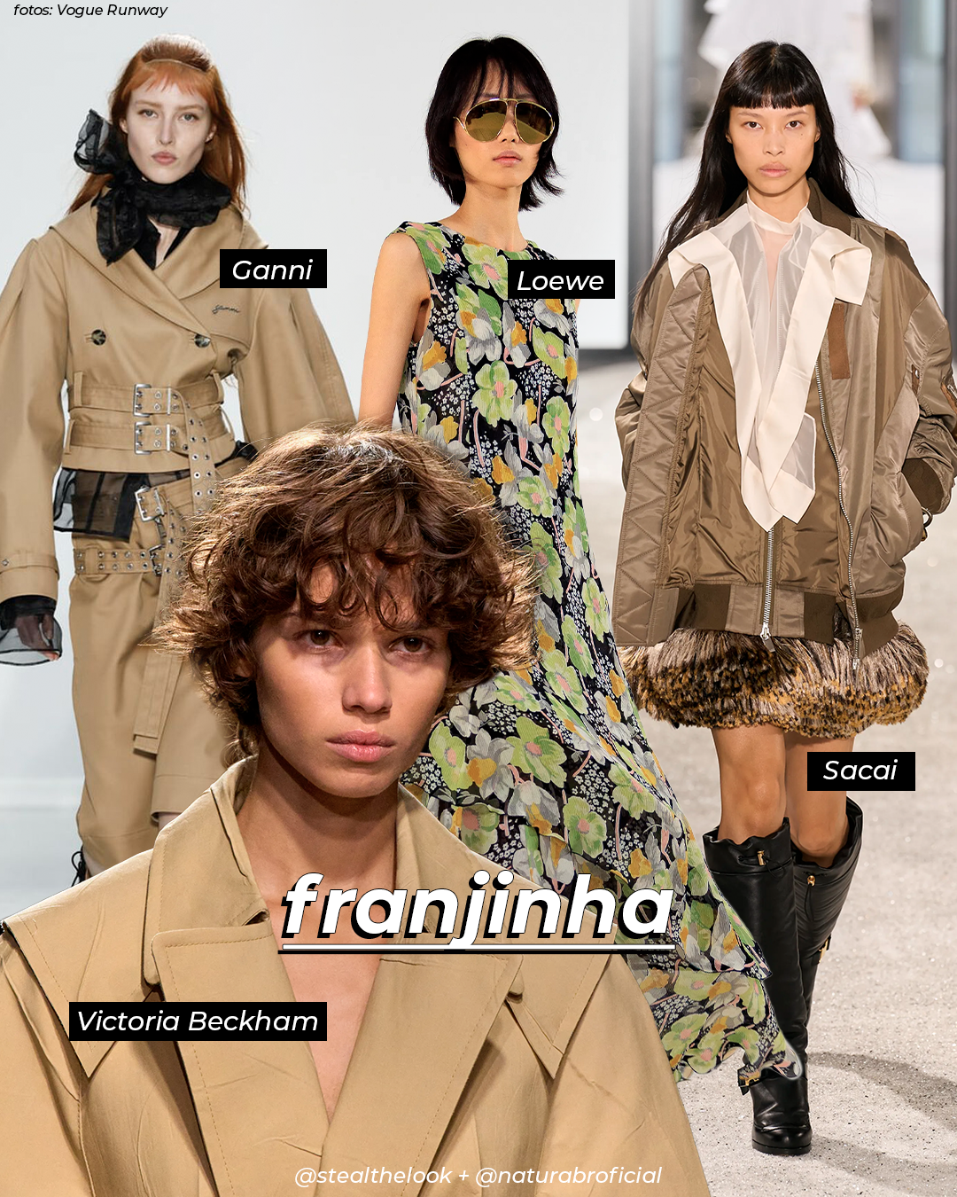 Imagem focada em tendências da moda, com destaque para franjas e diversos estilos. Modelos vestem peças das marcas Ganni, Loewe, Sacai e Victoria Beckham. Looks incluem casacos estruturados, estampas florais e jaquetas oversized.