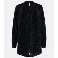 Casaco Cardigan Alongado em Chenille com Bolsos Preto