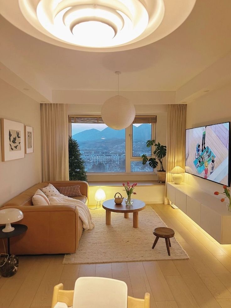 Sala aconchegante em apartamento pequeno, com sofá, mesa de centro, TV e janela com vista para montanhas.