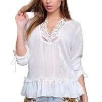 Blusa Bata Azul Com Bordado Boho Manga 3/4 Tam P