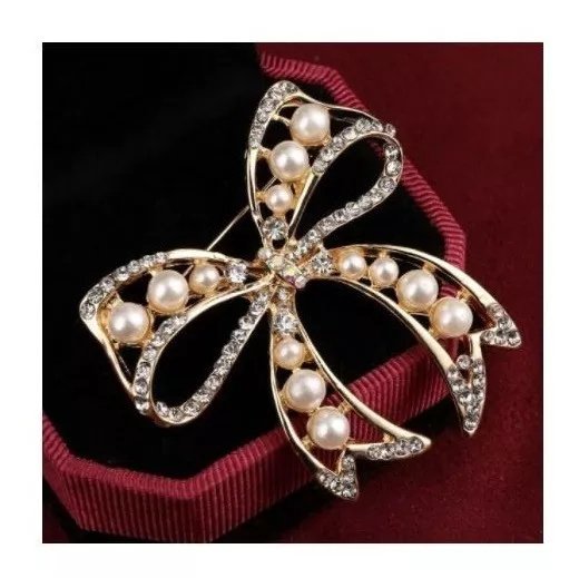 Broche Vintage Laço De Perola E Strass 5cm Luxo