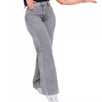 Calça Wide Leg Jeans Feminina Cintura Alta Pantalona Flare