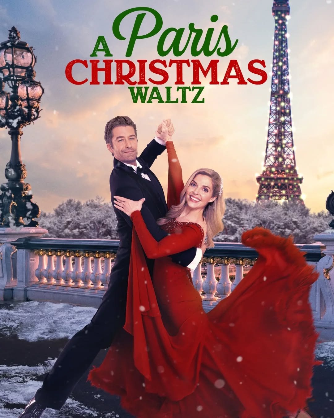 Casal dançando valsa em Paris com a Torre Eiffel ao fundo, cenário de filmes natalinos.  filmes de Natal da Netflix