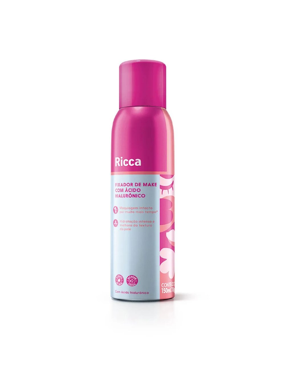 Spray fixador rosa e azul da Ricca, 150ml, para maquiagem que dura e hidratação com ácido hialurônico.