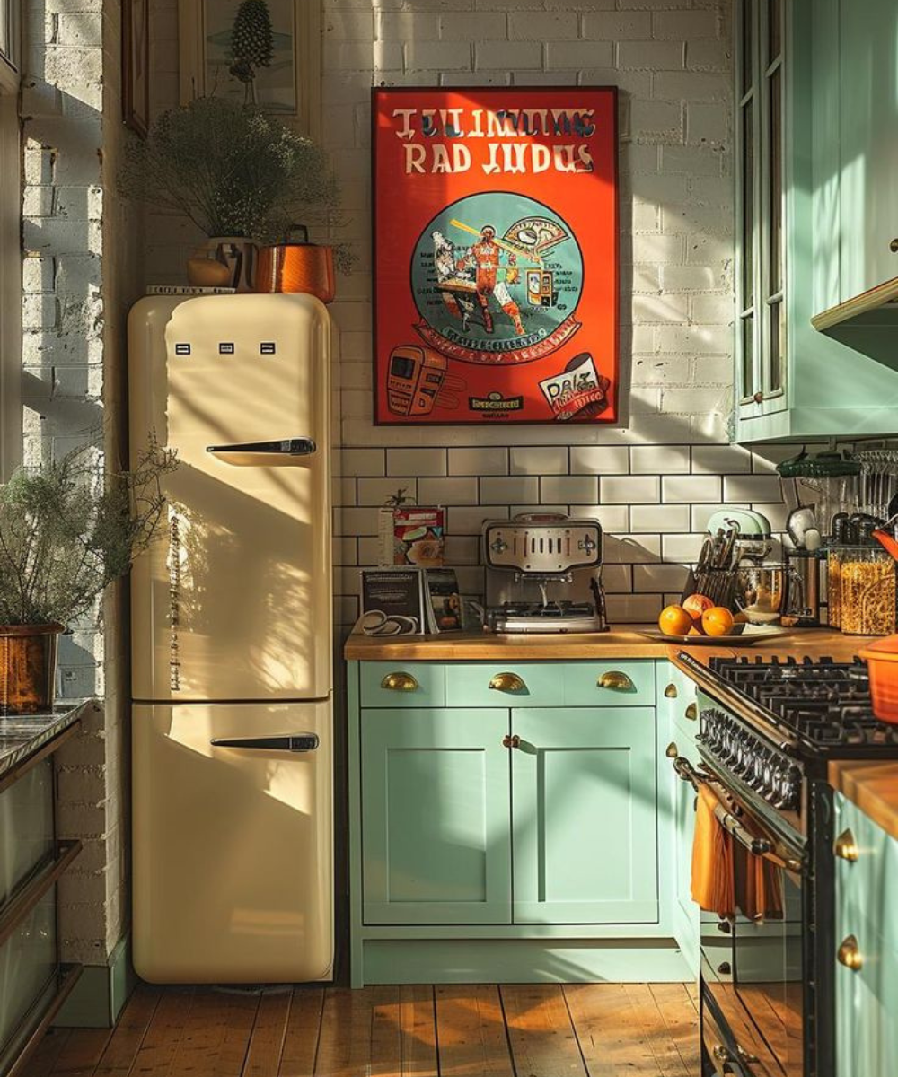 Cozinha com decoração vintage, incluindo itens de cozinha retrô em bege e armários verde menta, com pôster colorido na parede.