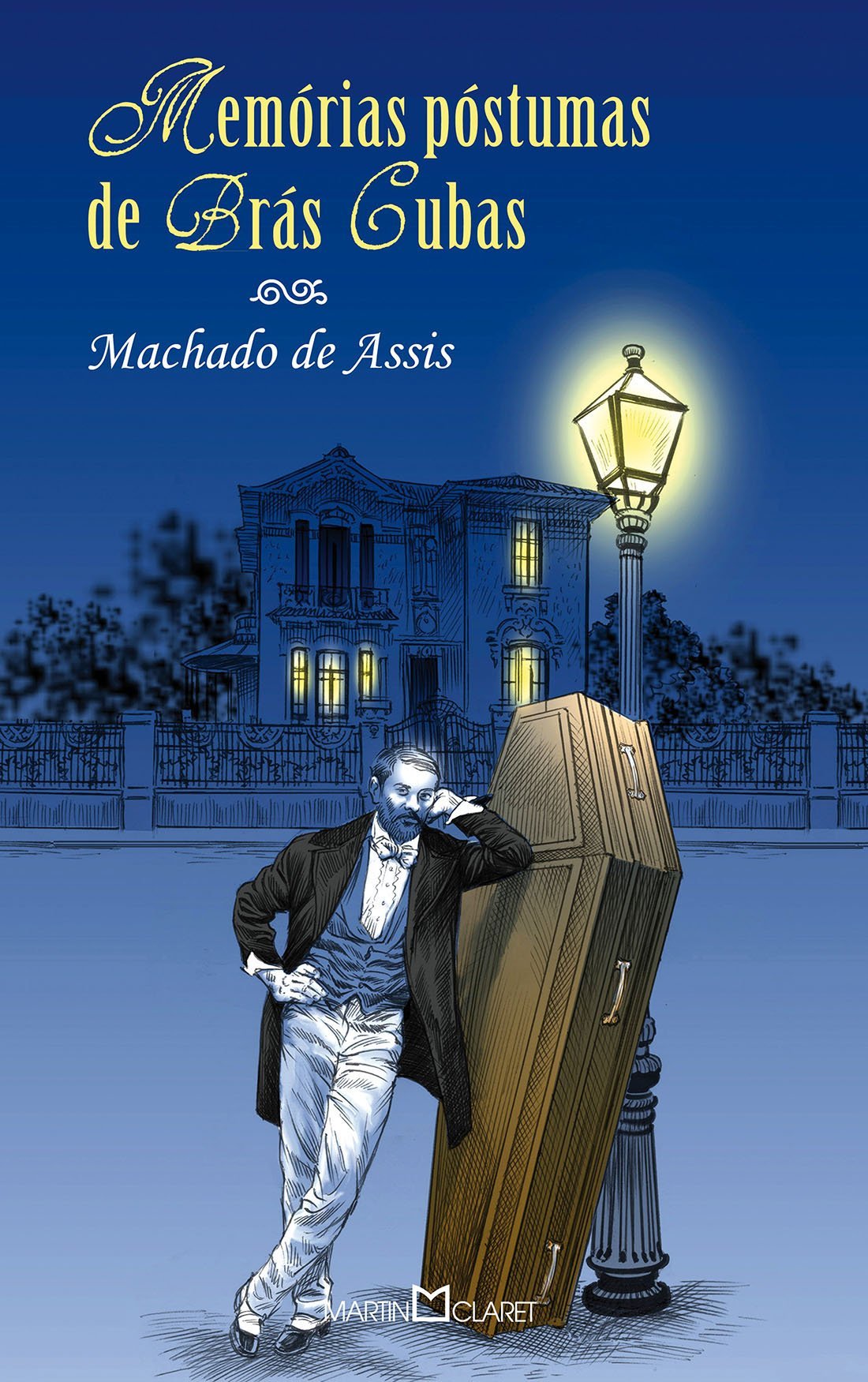 Homem em pé ao lado de um caixão sob um poste de luz à noite, ilustrando capa do livro 