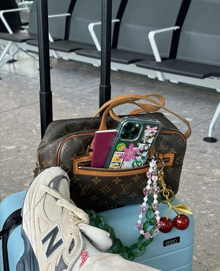 A mala de mão para viagem está no aeroporto, com um tênis apoiado, bolsa e celular.