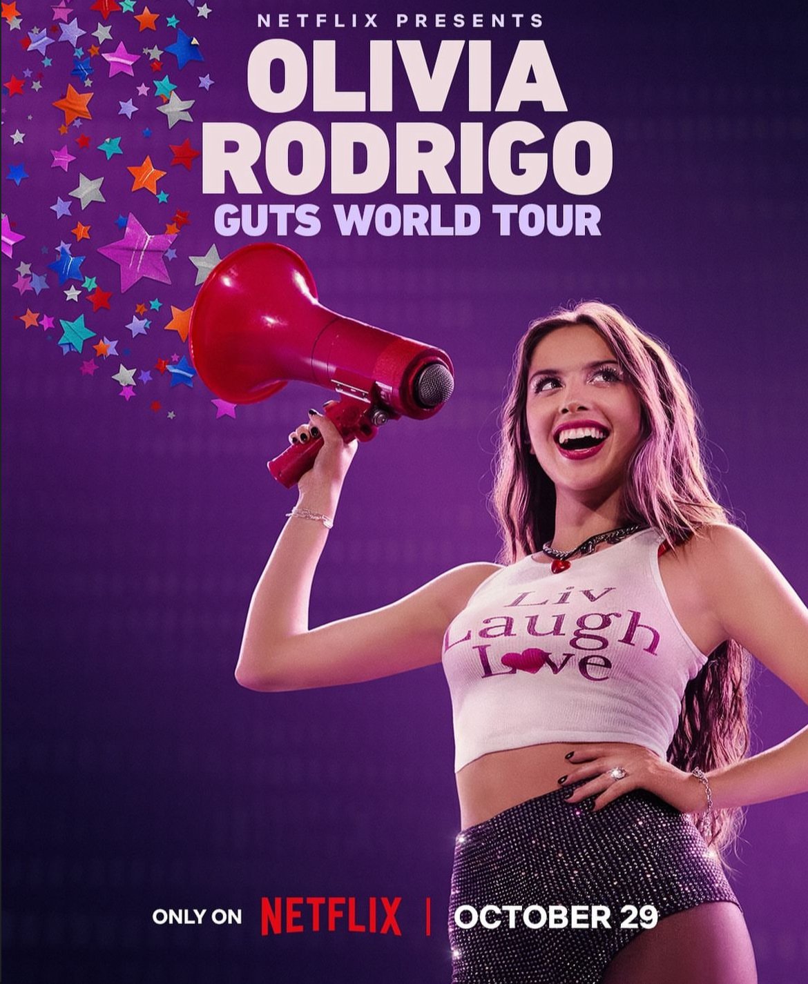 Cartaz do filmes de show da Olivia Rodrigo, com data de estreia na Netflix em 29 de outubro.