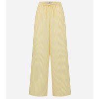 Calça Wide Leg em Tricoline com Listras em Fio Tinto Amarelo