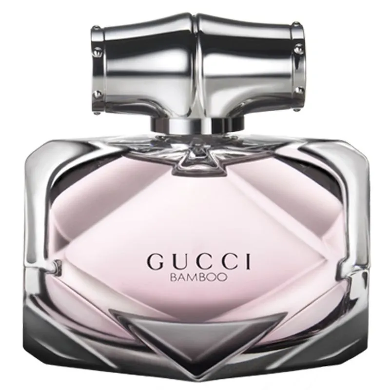 Frasco elegante de perfume Gucci Bamboo, com tampa prateada e líquido rosa. Ideal para apreciar perfumes doces.  relacionado a alternativas para quem não gosta de perfumes doces.