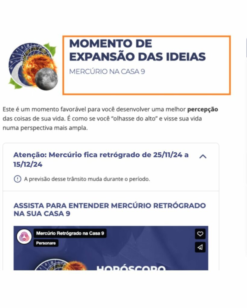 Momento de expansão das ideias com Mercúrio na Casa 9; Mercúrio retrógrado em sagitário de 25/11/24 a 15/12/24.