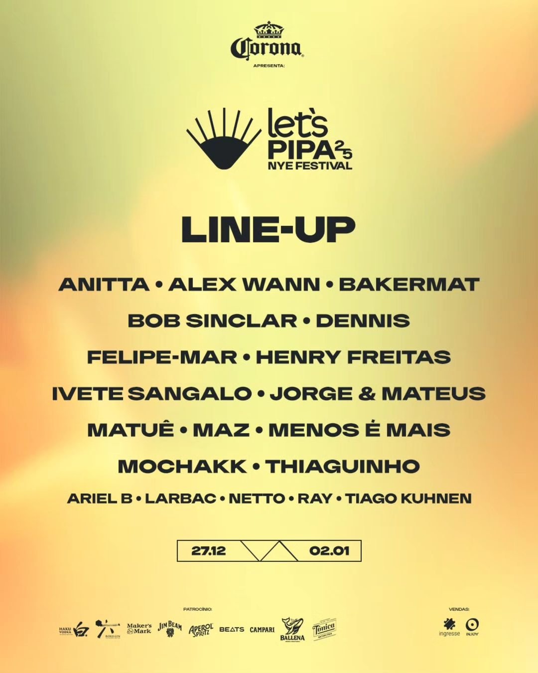 Line-up do festival Let's Pipa para o Réveillon 2025, com artistas como Anitta, Ivete Sangalo e Thiaguinho.