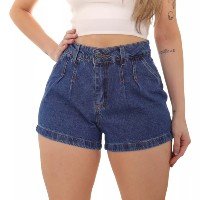 Shorts Jeans Mom Feminino Cintura Alta Com Cinto 24399 Escur