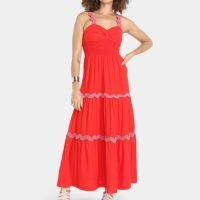 Vestido Longo Farm Lastex Ondas Feminino - Vermelho