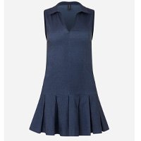 Vestido Curto em Bengaline com Gola Polo e Saia com Pregas Azul Escuro