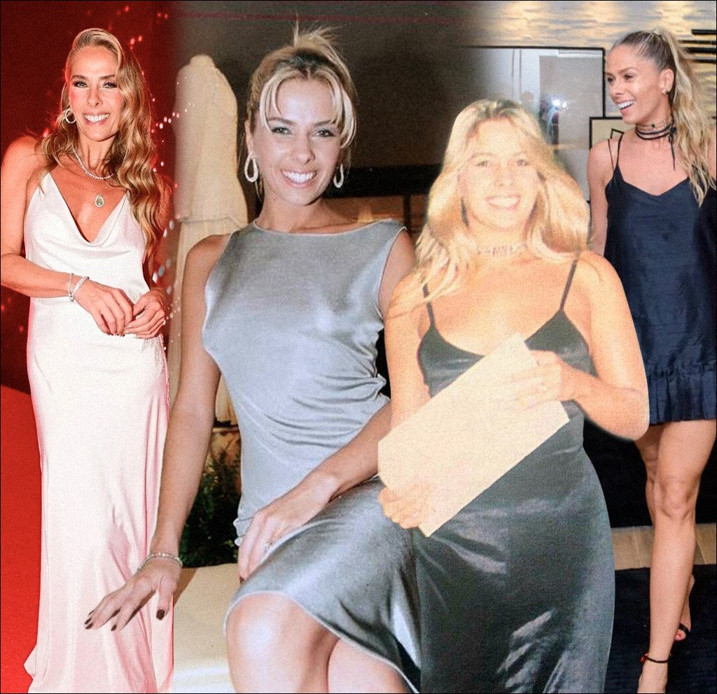 Adriane Galisteu em vestidos elegantes e coloridos, sorrindo e posando em eventos formais.