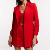 Blazer Alongado de Alfaiataria em Crepe com Franzido nas Mangas Vermelho