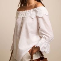 Blusa Ombro a Ombro em Laise com Babados Branco