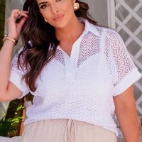 Blusa Crochê Feminino Plus Size com Top Interno - Branco