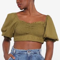 Top Farm Cropped Lastex Manga Bufante Feminino - Verde