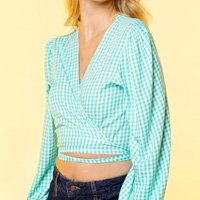 Blusa Cropped Manga Longa Xadrez Vichy Sob - Verde