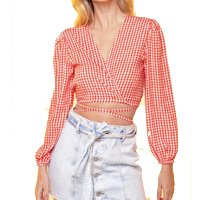 Blusa Cropped Manga Longa Xadrez Vichy Sob - Laranja