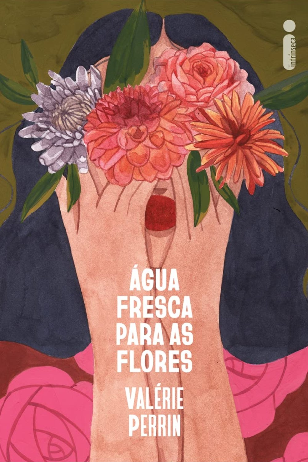 Ilustração de uma mulher escondendo o rosto com flores coloridas. Texto 