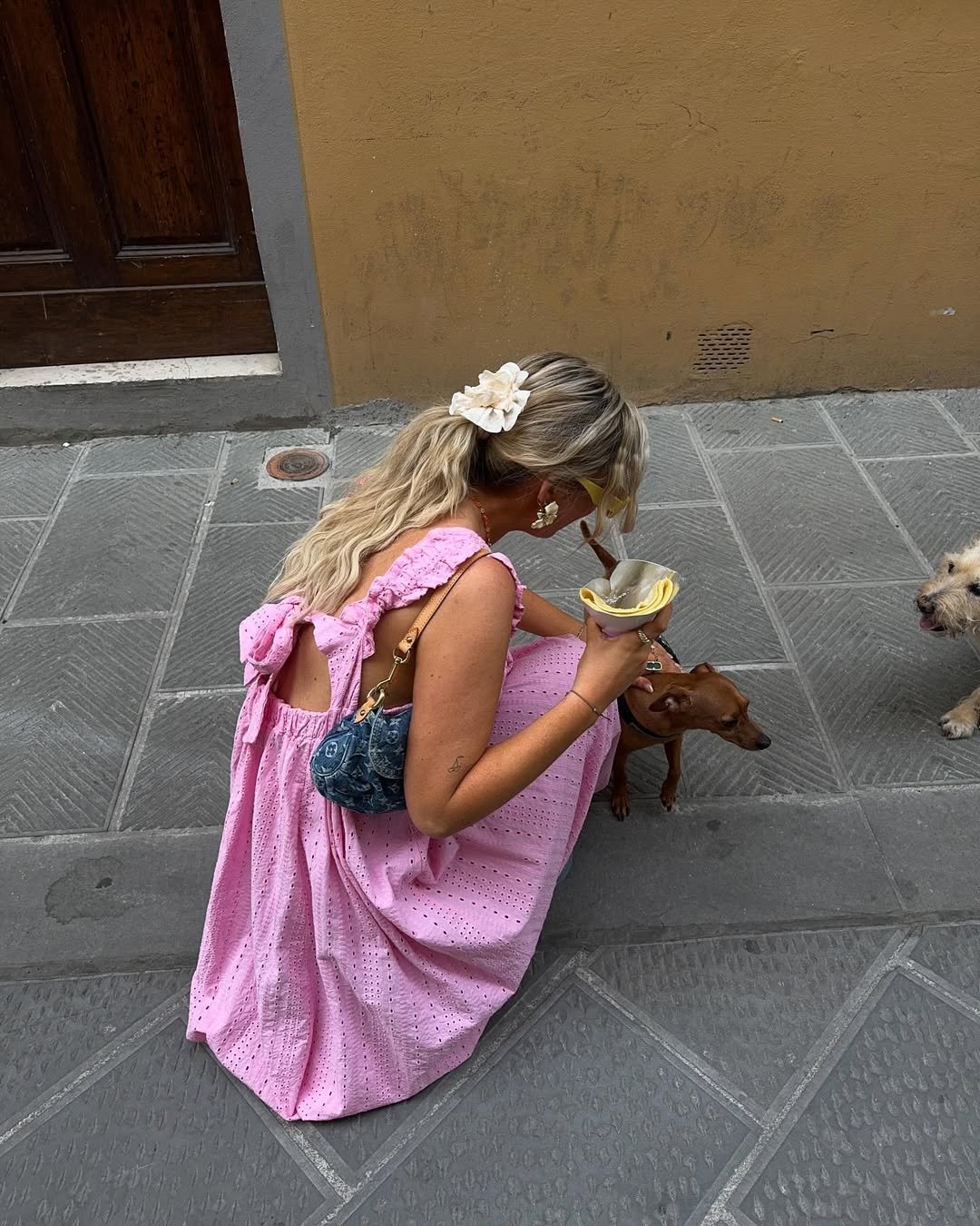 Mulher com vestido rosa e cabelo preso com flor, ideal para penteados fáceis para o Natal, acariciando um cachorro na rua.