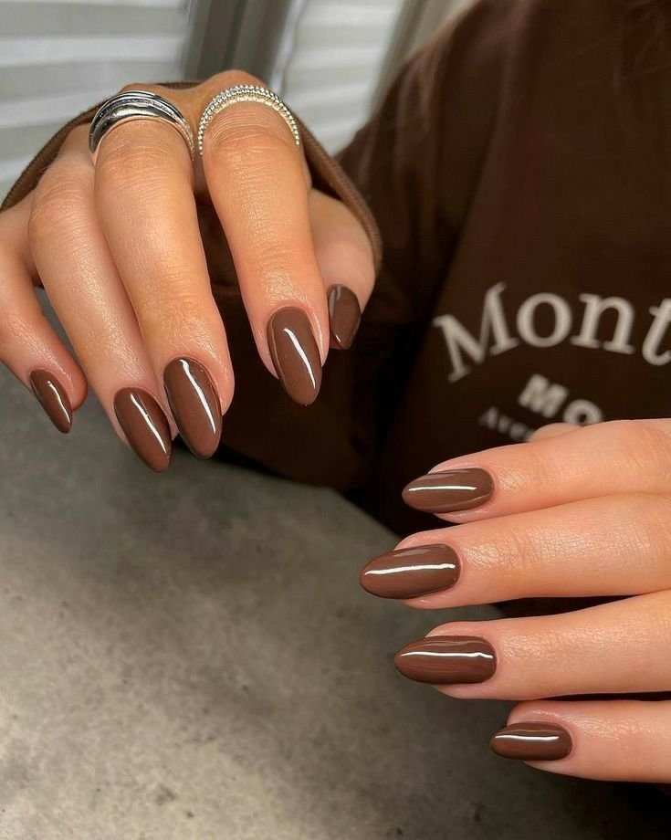 Unhas marrons brilhantes decoradas com anéis prateados, estilo elegante de unhas para Ano Novo 2025.