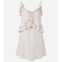 Vestido em Jacquard com Babados e Amarração no Busto Bege Rosado