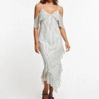 Vestido Midi em Tule com Babados Assimétricos e Estampa Poá Off White