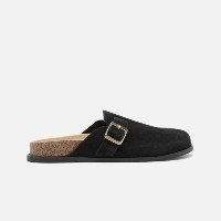Clog Sabot Preta Camurça Rasteira Fivela